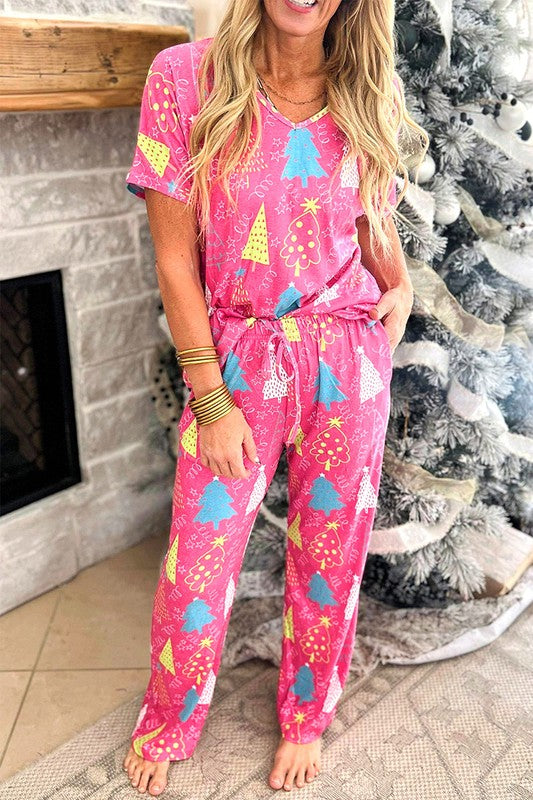 Christmas Tree Print Tee and Pants Lounge Set