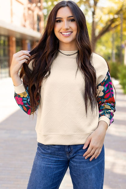 Contrast Floral Sleeve Textured Top Sweatshirts