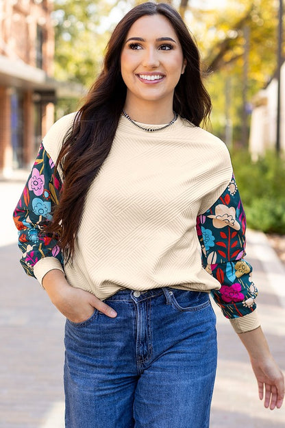 Contrast Floral Sleeve Textured Top Sweatshirts