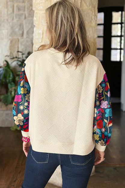 Contrast Floral Sleeve Textured Top Sweatshirts