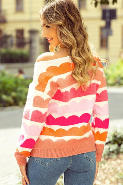 Rose Red Wave Striped Balloon Sleeve Drop Sweater