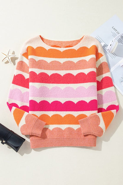 Rose Red Wave Striped Balloon Sleeve Drop Sweater