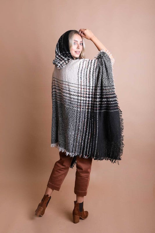 Herringbone Tweed Hooded Frayed Edge Poncho